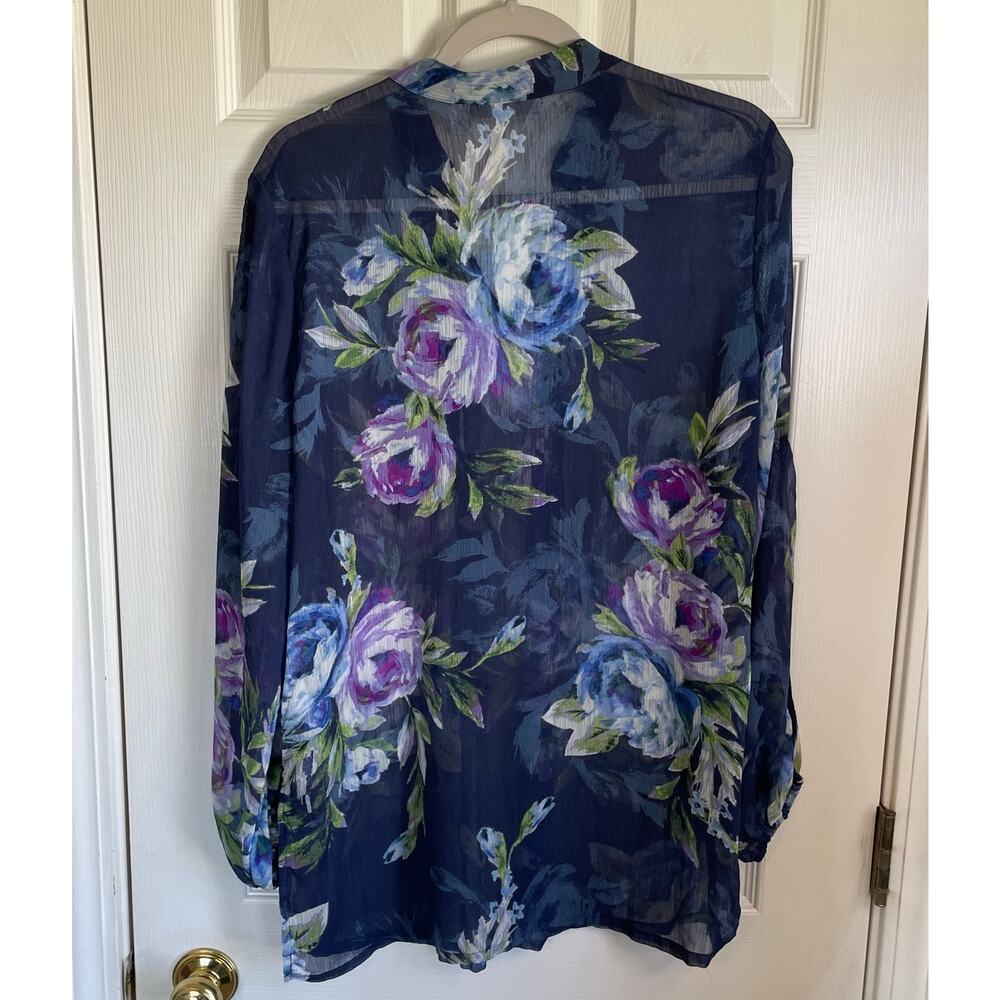 Susan Graver Sheer Floral Tunic Top Sz M Long Sleeves Pintucks Cottagecore - Picture 2 of 14